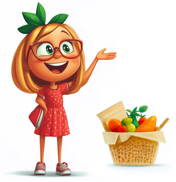 Illustration eines kleinen Mädchens mit dem Namen Sally, sie trägt ein rotes Kleid und rote Turnschuhe. Sie zeigt Kindern, was wichtig bei gesunder Ernährung ist, neben Ihr steht ein Korb mit Obst und Gemüse